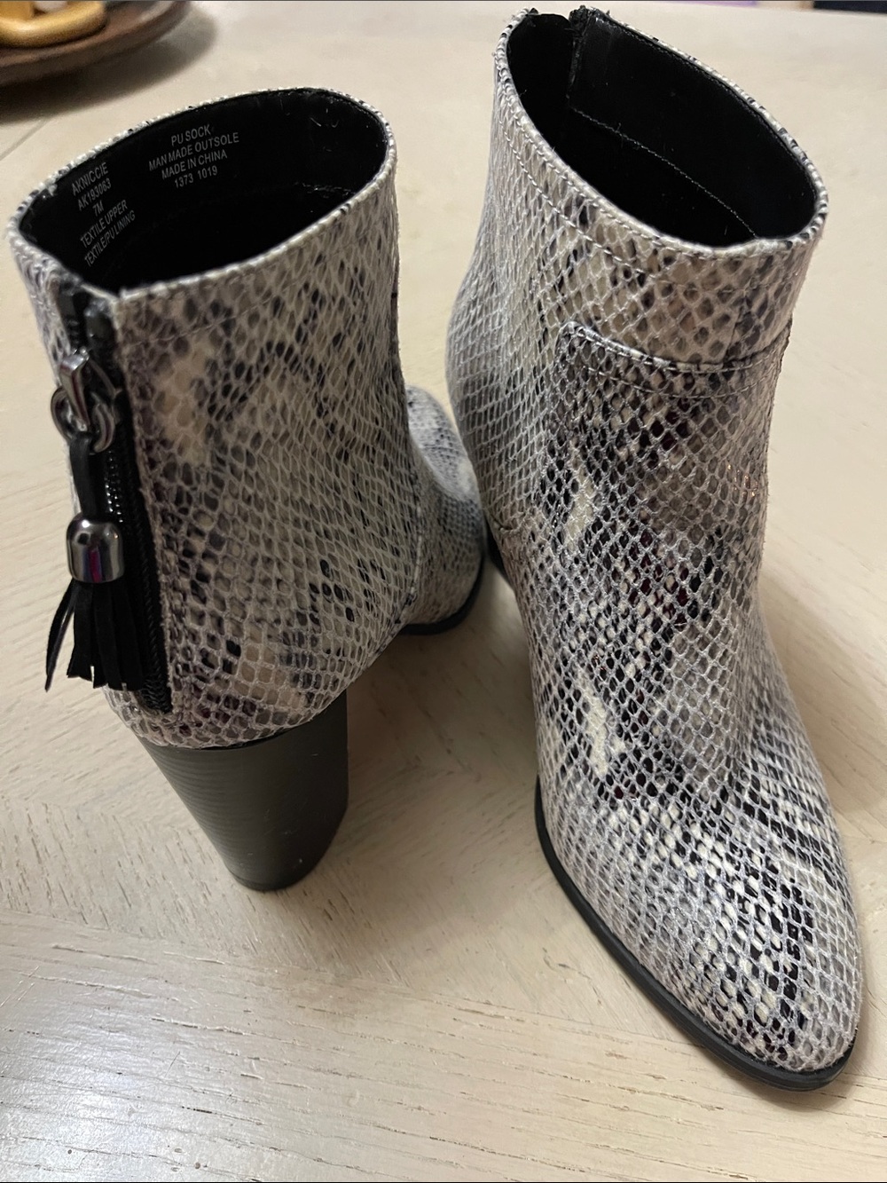 Anne Klein Snake-Print Ankle Boots in White and Gray with Tassel Zipper